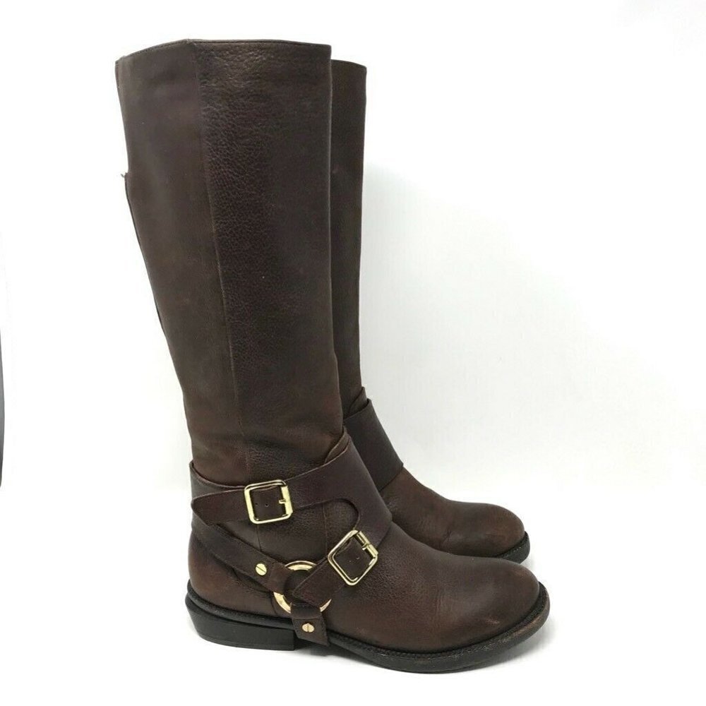 Kenneth Cole Dark Brown Leather Knee Boots with Gold Buckles